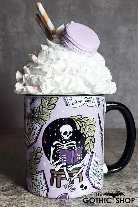 Gothic Mug, Skeleton Reading, Party Display, Sublimacion Ideas, Purple Gothic, Lilac Background, Black Items, Background High Quality, Gothic Shop