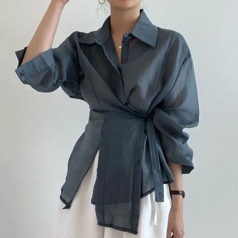 Casual Elegant Style, Loose Long Sleeve, Shirts Women Fashion, Wrap Shirt, Dream Design, Casual Tops For Women, 가을 패션, Crop Top Blouse, Office Lady