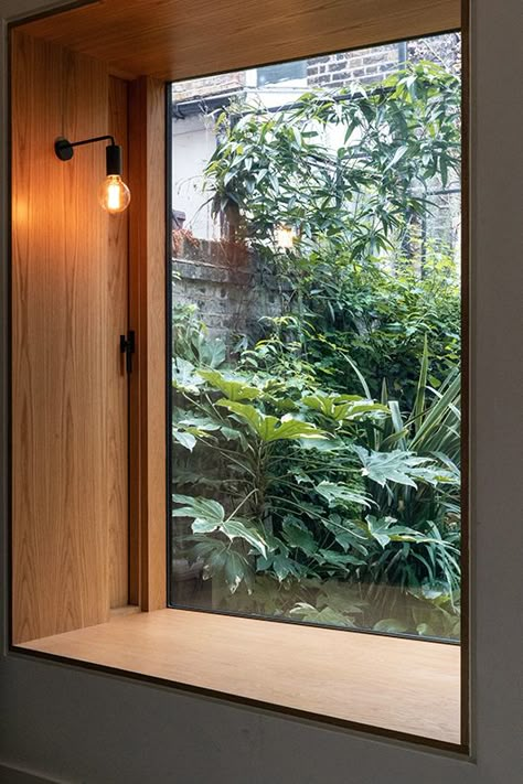 Glass Courtyard Garden, Courtyard Window Design, Square Window Seat, Shady Courtyard Garden, Garden Through Window, Oriel Window Seat Kitchen, Small Interior Garden, Picture Window Ideas, Internal Courtyard Garden