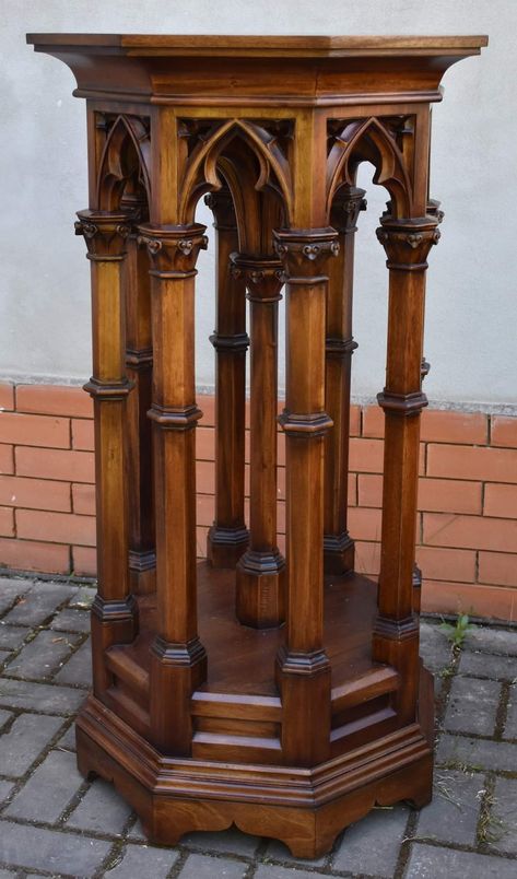 Gothic End Tables, Gothic Woodwork, Gothic Staircase, Gothic Revival Furniture, Gothic Table, Gothic Frame, Gothic Living Room, Gothic Revival House, Gothic Mansion