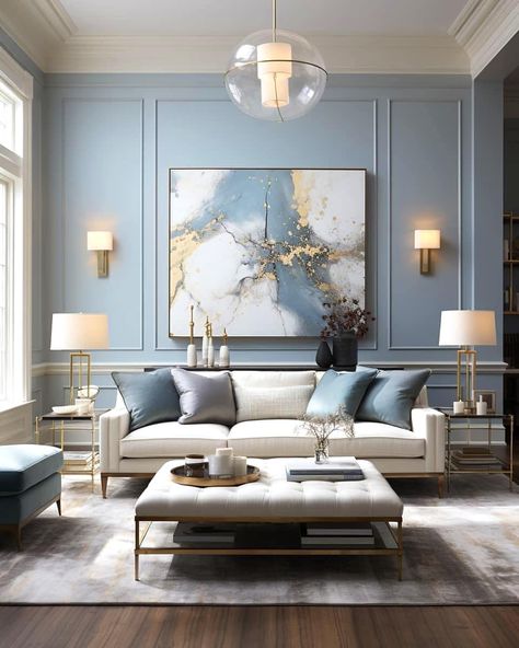 Blue And Cream Living Room, Cream Living Rooms, Gold Living, Living Room Renovation, Gold Living Room, Elegant Dining Room, Living Room Design Decor, Home Design Living Room, Blue Living Room