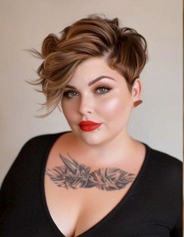 Short Hair For Big Face Haircuts, Wavy Hair Pixie Haircut, Wavy Pixie Haircut Round Face, Short Haircuts For Chubby Women, Curly Pixie Round Face, Pixie With Bangs Round Face, Short Pixie Round Face, Short Hair Double Chin, Pixie Cut Round Face Plus Size