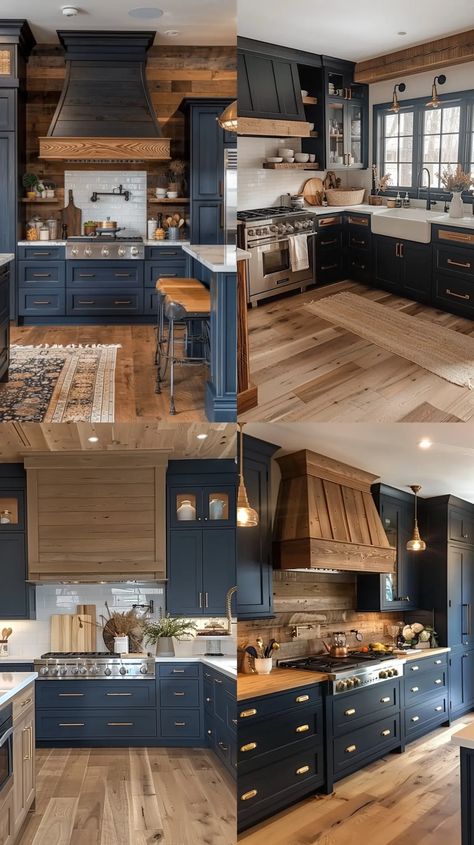 17 Gorgeous Kitchens with Two-Tone Kitchen Cabinets - TrendyDesign Craftsman Kitchen Island Ideas, Colour Of Kitchen Cabinets, Kitchen Remodel Cabin, Blue And Maple Kitchen Cabinets, Paint And Stain Combinations Kitchen Cabinets, Grey And Navy Kitchen Ideas, Wood Cabinets Blue Island, Smokey Blue Cabinets Kitchen, Navy And Natural Wood Kitchen