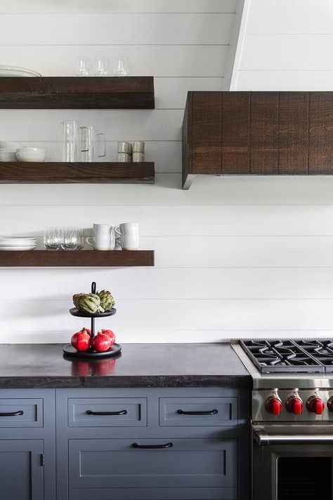 Upstate Farmhouse, Black Granite Countertops Kitchen, Dark Granite Countertops, All Black Kitchen, Black Kitchen Countertops, Kitchen Floating Shelves, Leather Granite, Large Farmhouse, Dark Countertops