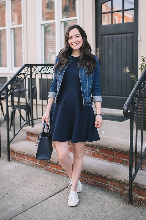 Navy Blue Dress Outfit Winter, Dress And Denim Jacket Outfit, Carly Heitlinger, Dress With Jacket Outfit, Dress With Denim Jacket, Style Language, Carly The Prepster, Jacket Inspiration, Festival Dresses