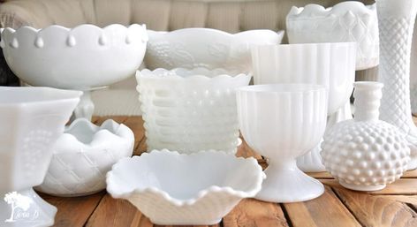 Decorating With Milk Glass Ideas, Decorating With Milk Glass, Milk Glass Display, Vintage Decorating Ideas, Vintage Decorating, Finding Treasure, Party Barn, Milk Glass Vase, Inexpensive Home Decor