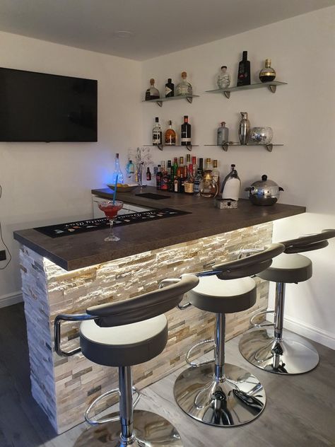 Bar Ideas For Home Basement Small Spaces, Bar In Basement Ideas Small Spaces, Bar In Corner Of Room, Small Bar For Basement, Home Bar Accent Wall, Bar Lounge Design Home, Bar Garage Ideas, Bar In Garage Ideas, At Home Bars