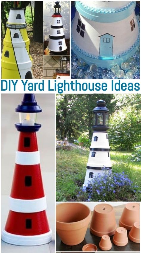 Build a yard lighthouse with clay pots that has a solar light on top. Stacked clay pots do make perfect lighthouses! These DIY clay pot lighthouse ideas will get you started. Be as creative as you want to be. Paint your lighthouse simple and bold, or go all whimsical, adding all kinds of decorations. Featured on Completely Coastal. Yard Lighthouse, Garden Diy Decoration Ideas, Diy Lighthouse, Clay Pot Lighthouse, Diy Terra Cotta Pots, Lighthouse Crafts, Carillons Diy, Solar Lights Diy, Solar Light Crafts