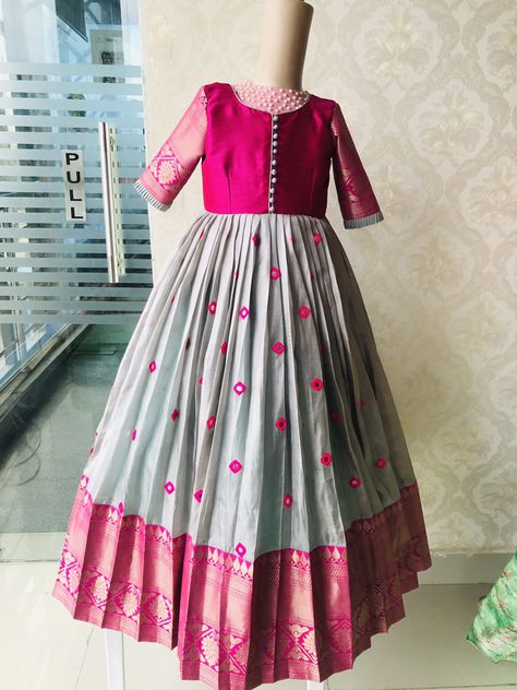 Pattu Saree Into Dress Convert, Saree Into Dress, Frocks Women, Ruffle Blouse Designs, Floral Blouse Designs, Lehanga For Kids, Pattu Dress, Anarkali Churidar, Frock Designs