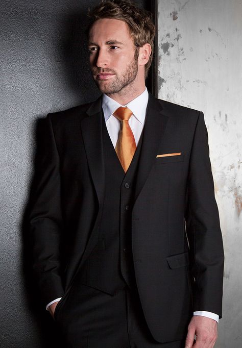 Men Suits Wedding, All Black Suit, Prom Blazers, Orange Suit, Black Suit Wedding, Suit Pin, Black Tux, Vest And Tie, Orange Tie