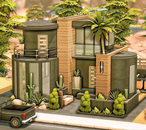 Interesting Sims 4 Houses, Oasis House Sims 4, Sims Mid Century House, Sims 4 Brutalist House, Sims Building Ideas No Cc, Sims 4 Round House, Sims Houses Modern, Sims 4 Modern Small House, Suburban Home Sims 4