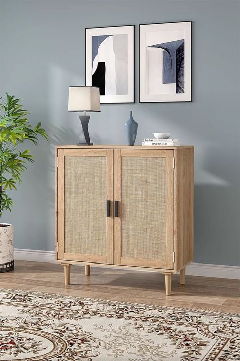 Natural Cabinets, Narrow Sideboard, Rattan Sideboard, Furniture Rattan, Living Room Redo, Room Redo, Furniture Layout, Oak Color, Garden Storage