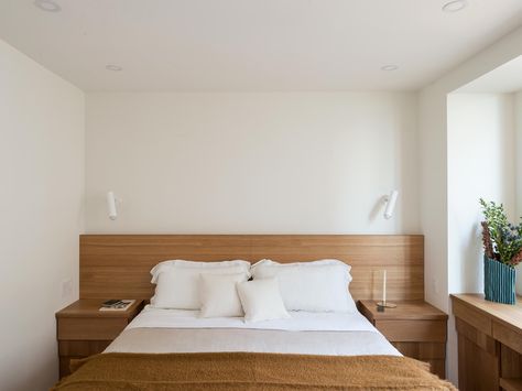 Workstead-design bedroom with custom oak headboard and built-in-bedside tables Shoebox Apartment, Upper West Side Apartment, Oak Headboard, Upper West Side, Lighting Design Interior, Bedroom Headboard, Residential Interior Design, One Bedroom Apartment, West Side