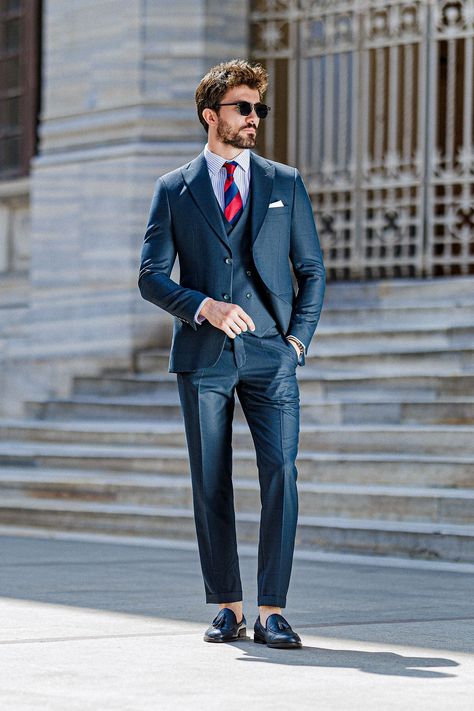 Our Navy Plaid Slim-Fit Suit 3-Piece adds dimension to your wardrobe with its rich navy color and subtle plaid detailing. This modern design ensures you look sharp and stylish, no matter the occasion.  #navyplaidsuit #slimfitsuit #modernmenswear #plaidfashion #sophisticatedstyle #formalfashion #tailoredfit #businessattire #mensstyle #sharpdressing Bow Tie Suit, Modern Fit Suit, Suit Stores, Slim Fit Suit Men, Tuxedo Blazer, Plaid Suit, Slim Fit Suits, Slim Fit Suit, Fitted Suit