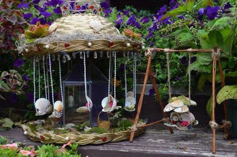 ♧ Charming Fairy Cottages ♧ garden faerie gnome  elf houses  miniature furniture - Fairy swing Fairy Garden Design Ideas, Fairy Garden Furniture, Fairy Garden Crafts, Fairy Garden Designs, Fairy Accessories, Fairy Furniture, Faeries Gardens, Mini Fairy Garden, Fairy Crafts