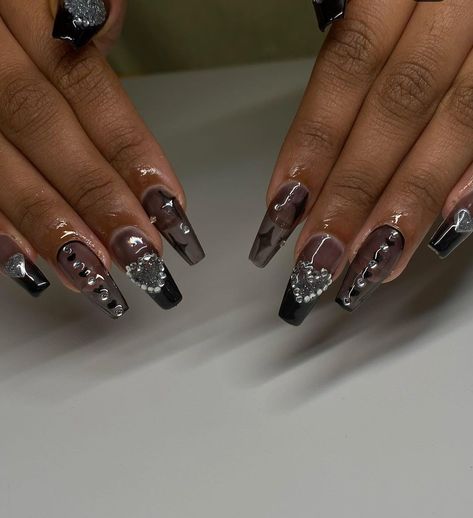 sheer black coffin nails with gems Coffin Nails With Gems, Jade Nguyen, Nails With Gems, Black And Nude Nails, Gem Nail Designs, Rave Nails, Black Almond Nails, Birthday Nail Designs, Checkered Nails