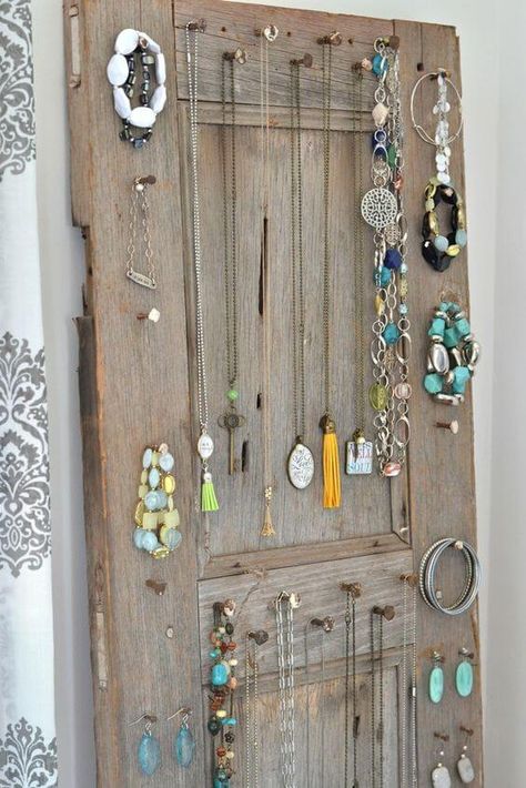 28 Creative And Unique DIY Jewelry Storage Ideas - 218 Door Jewelry Display, Old Door Jewelry Display, Boutique Display Ideas, Old Door Ideas, Jewelry Cleaner Diy, Jewelry Storage Ideas, Jewelry Storage Diy, Wood Jewelry Display, Jewerly Displays