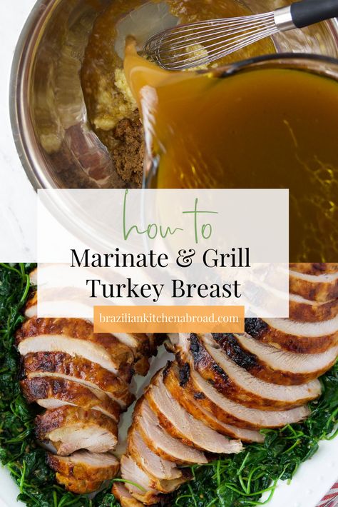 This Grilled Turkey Breast is juicy, bursting with flavor AND has crispy skin. Plus, it's ready so much faster than a whole turkey! Whether you're hosting a small holiday gathering and don't want to make the whole bird or just like white meat, this Grilled Turkey Breast recipe is for you. Keep on reading to learn how to grill a turkey breast packed full of flavor, plus all my secrets for how to make a homemade turkey breast brine. Turkey Breast On The Grill, Turkey Breast Marinade, Turkey Breast Brine, Temperature To Cook Turkey, Grill A Turkey, Grilled Turkey Breast, Grilled Turkey Recipes, Marinated Turkey Breast, Brined Turkey Breast