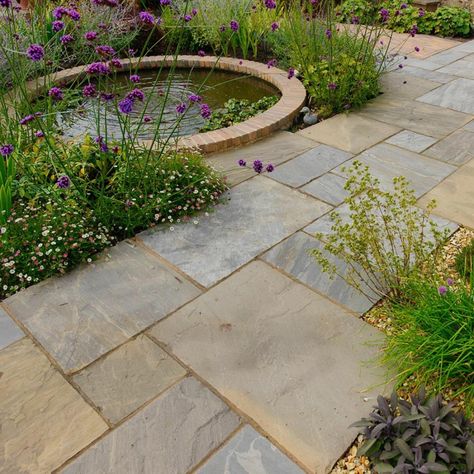 Cottage Garden Pavers, Cottage Garden Brick Patio, Slabs In Gravel, Paving Slabs And Gravel, Slab And Gravel Patio, Garden Slabs, Cottage Patio, Sandstone Paving Slabs, Outdoor Paving