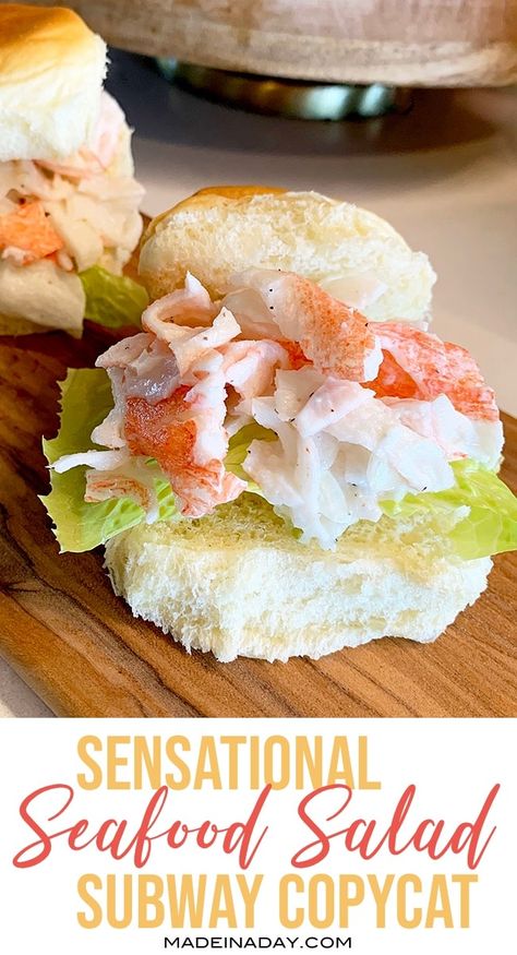 The perfect and closest imitation crab salad recipe used in Subway Seafood Sensation recipe, Publix Neptune salad, and Which Wich Krab salad subs. Get it here! #seafood #imitationcrab #crab #seafoodsandwich #crabsaladsandwich #crabsalad #copycat