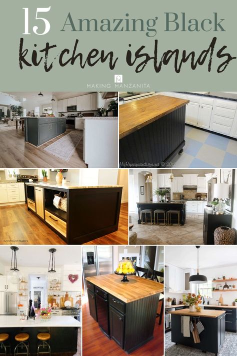 Black Island With Butcher Block Top, Create Kitchen Island, Black Kitchen Islands Ideas, Black Kitchen Island With Wood Top, Black Islands In Kitchen, Black Island White Countertop, Black Kitchen Island With Butcher Block, Kitchens With Black Islands, Black Island With Butcher Block