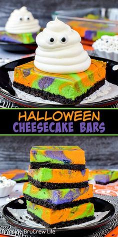 Halloween Swirled Cheesecake Bars - bright colorful swirled cheesecake bars with a spooky whipped cream ghost will get smiles from everyone. Try this easy recipe for Halloween parties. #cheesecake #halloween #ghosts #cheesecakebars Swirled Cheesecake, Halloween Cheesecake, Halloween Torte, Creepy Halloween Food, Recipes Halloween, Dessert Halloween, Postres Halloween, Halloween Food Dinner, Recipes Drinks