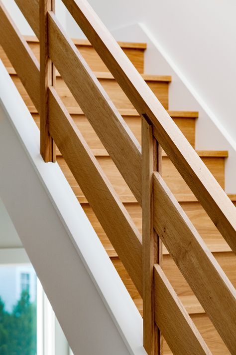 Rowayton House - Scandinavian - Staircase - Bridgeport - by Demetriades + Walker | Houzz Scandinavian Staircase, Modern Staircase Railing, Wooden Staircase Railing, Wood Railings For Stairs, درابزين السلم, Wooden Staircase Design, Rustic Staircase, Interior Stair Railing, Modern Stair Railing