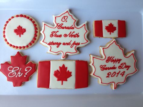 Sampling of my Canada Day 2014 sugar cookies...They even have red and white sprinkles in the dough! Used a homemade stencil for the maple leaves on the flags. The stencils turned out better than the RI transfers, and were MUCH quicker to make. Sympathy Cookies, Canada Day Cookies, Computer Cake, Missionary Homecoming, Canada Party, Canada Day Crafts, Canada Day Party, Cookie Decorations, Art Cakes