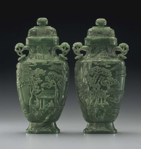 A PAIR OF SPINACH-GREEN JADE VASES AND COVERS. FINE CHINESE WORKS OF ART. Christie's Jade Aesthetic, Chinese Arts And Crafts, Native American Decor, Chinese Interior, Chinese Artwork, Chinese Aesthetic, Chinese Decor, Chinese Bronze, Calendar 2023