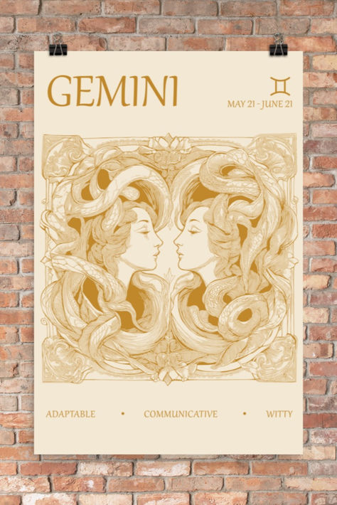 Add a touch of mystique to your home with this captivating Gemini Zodiac sign Astrology Poster. Featuring a mesmerizing twin pattern inspired by the stars, this Tarot Card Print is a must-have for any astrology lover. Channel the energy of the cosmos and infuse your space with celestial vibes with this exquisite Celestial Wall Art. Perfect for creating a spiritual sanctuary and ideal for those seeking unique and meaningful decor. Zodiac Sign Outfit, Libra And Scorpio, Meaningful Decor, Tarot Card Print, Boho Spiritual, Astrology Poster, Gemini Astrology, Gemini Zodiac Sign, Astrology Gemini