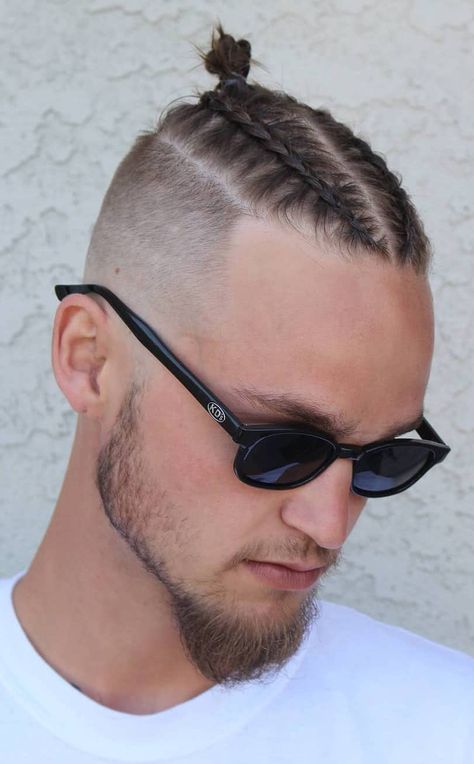 White Guy With Braids, Braids With Fade, Braided Man Bun, Braided Top Knots, Man Bun Hairstyles, Popular Mens Hairstyles, Viking Braids, Braids For Boys, Top Knot Hairstyles