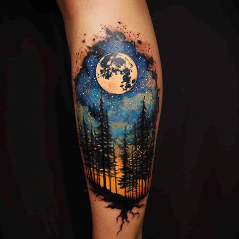 Sky Sleeve Tattoo, Night Sky Tattoo Starry, Starry Sky Tattoo, Night Sky Tattoo, Night Sky Tattoos, Sky Tattoo, Sky Tattoos, Tattoo Color, Sleeve Ideas