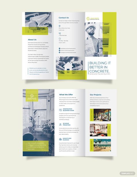 Construction Brochure, Tri Fold Brochure Template, Church Brochures, Brochure Design Layouts, Brochure Graphic, Yearbook Layouts, Brochure Design Creative, Brochure Design Layout, Brochure Inspiration