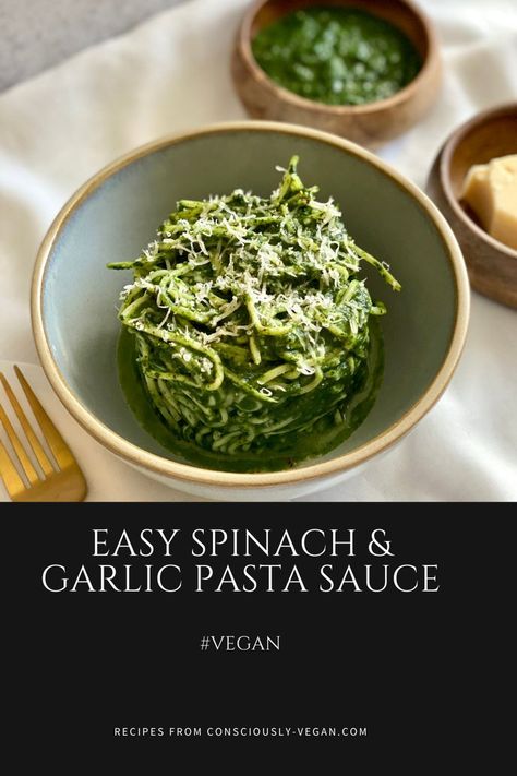 Easy Spinach & Garlic Pasta Sauce. Get the full recipe here https://www.consciously-vegan.com/easy-spinach-garlic-pasta-sauce/ Garlic Spinach Pasta, Spinach Pasta Sauce, Healthy Vegan Pasta, Garlic Pasta Sauce, Vegan Pasta Sauce, Vegan Spinach, Garlic Spinach, Vegan Lunch Recipes, Vegan Pasta Recipes