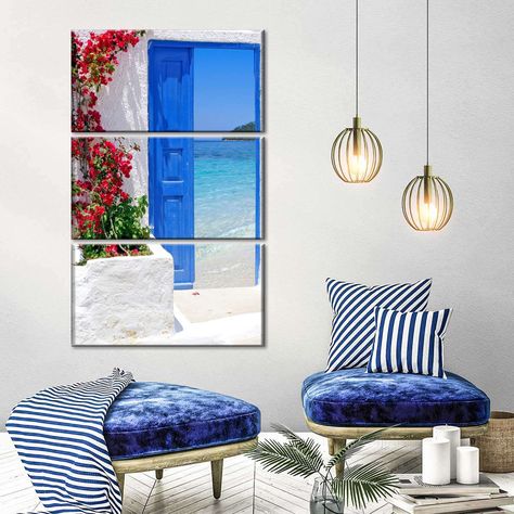 Greek Theme Room, Greek Style Bedroom, Greek Room, Greek Interior, Greek Interior Design, Door Artwork, Greece Decor, Mediterranean Theme, Greek Homes