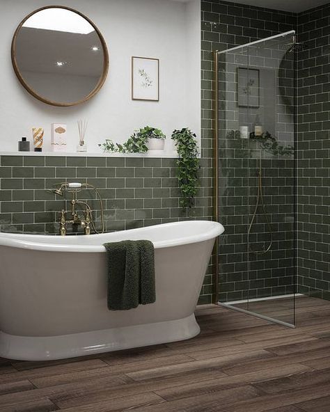 Country bathroom ideas Olive Tiles Bathroom, Colour Tiled Bathroom, Free Standing Bath Bathroom Ideas, Colour Schemes Bathroom, Green Wet Room, Bathroom Color Tiles, Mixed Tiles Bathroom, Bathroom Ideas Free Standing Bath, Dark Green Bathroom Tiles