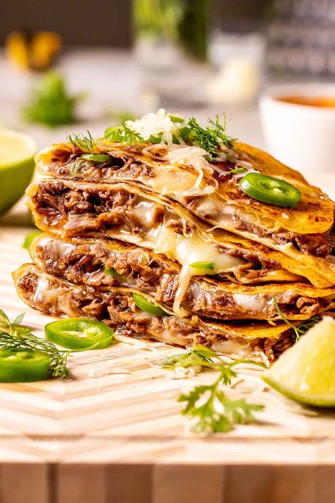 Birra Quesadilla, Birria Quesadillas, How To Make Quesadillas, Slow Cooked Meat, Quesadilla Recipes, Party Dishes, Shredded Beef, Gooey Cheese, Mexican Recipes