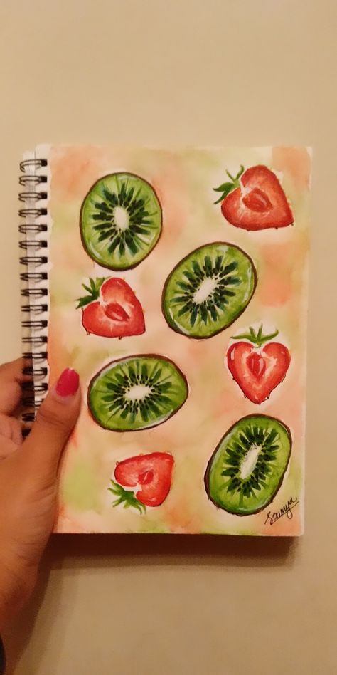 Kiwi Drawing Simple, Cute Kiwi Drawing, Fruit Drawing Simple, Strawberry Painting Easy, Strawberry Drawing Simple, Strawberries Drawing, Kiwi Painting, How To Draw Fruit, Kiwi Drawing