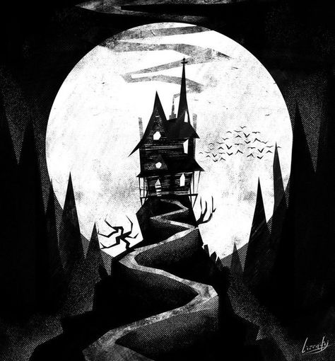 Road Drawing, Casa Halloween, Spooky House, Halloween Artwork, Horror House, Halloween Illustration, Halloween Painting, Halloween Drawings, Halloween Haunted Houses