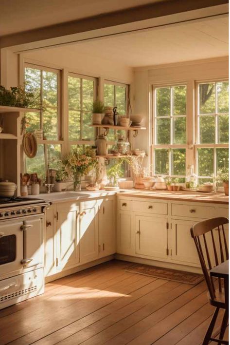 Large Cozy Kitchen, Cozy Kitchen Inspiration, Cozy Kitchen Design, Bedroom Ideas Lights, Front Wall Tiles, Wall Tiles Ideas, Calm Kitchen, Cozy Cottage House, White Picket Fence Ideas