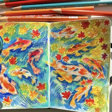 Color Pencil Sketchbook, Fish In A Pond, Sketchbook Spread, Color Pencil Illustration, Fish Drawing, A Level Art Sketchbook, Sunflower Wall Art, A Pond, Arte Sketchbook