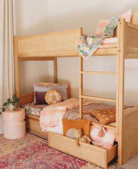 Shared Bunk Bed Rooms, Rattan Bunk Bed, Boho Bunk Bed, Small Room Bunk Bed Ideas, Boho Bunk Bed Ideas, Ikea Kura Bed Ideas, Ikea Bunk Bed, Boho Bed, Ikea Kura Bed