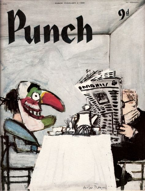 Cover for 'Punch' magazine by Hugarian-born French cartoonist Andre Francois (1915-2005) Theater Props, Punch Magazine, Magazine Front Cover, Morning Newspaper, Houses Art, February 3rd, Punch And Judy, Illustrator Artist, February 3