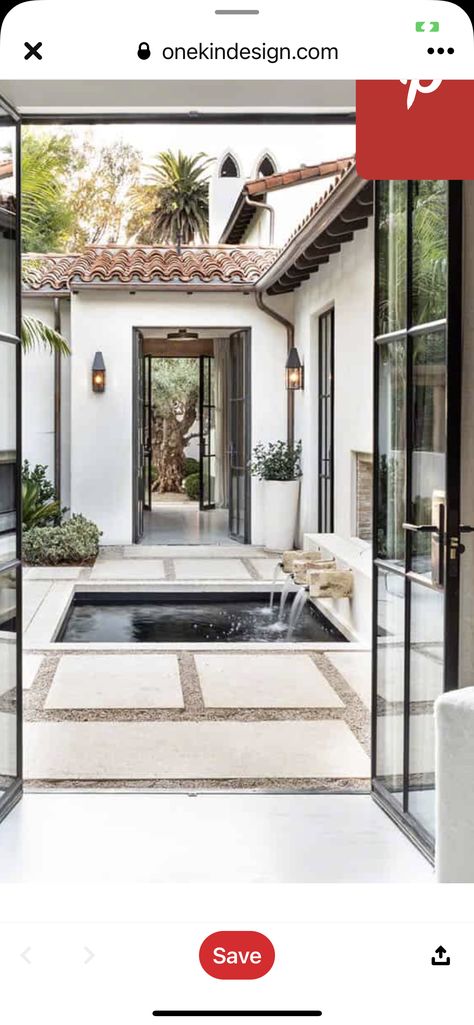 Exterior Courtyard Entrance, Courtyard Design Front Of House, Courtyard In Front Of House, Courtyard Entryway Front Entry, Front Courtyard Ideas Entryway, Outside Entrance Ideas, Andalusian Courtyard, Spanish Mediterranean Homes Exterior, Spanish Style Courtyard