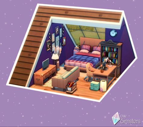 Sims 4 Art Studio, Cool Attic Rooms, Sims 4 Art, Sims Interior, Sims4 Builds, Attic Room Ideas, Hart House, Sims Builds, Sims 4 Bedroom