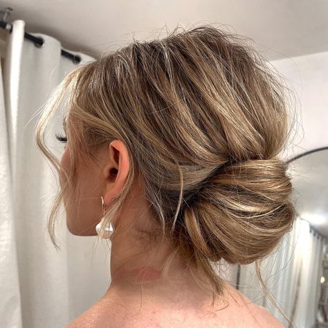 Messy Bun with Volumized Crown Bridesmaid Bun, Bridesmaid Hair Bun, Messy Bun Wedding, Low Bun Wedding Hair, Textured Updo, Cute Bun Hairstyles, Hair Luxury, Curly Bun Hairstyles, Occasion Hair