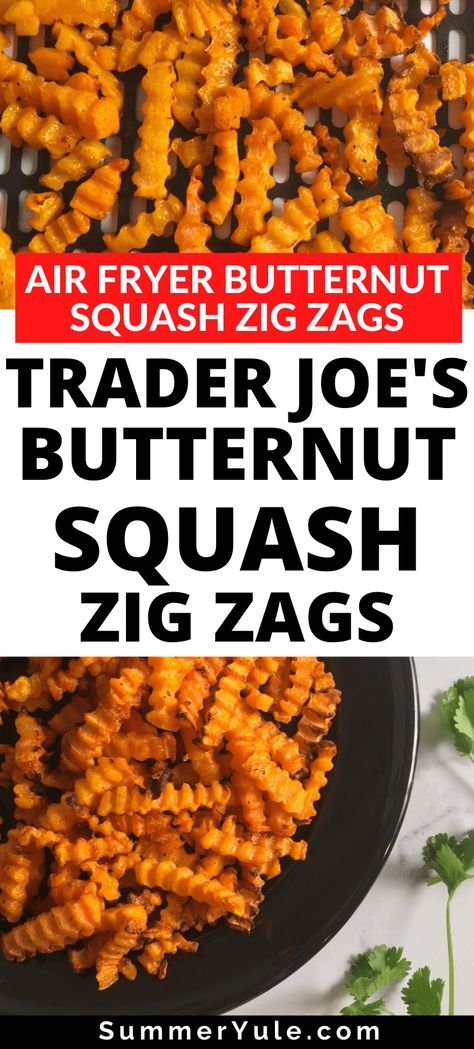 Learn how to cook Trader Joe’s butternut squash zig zags in an air fryer! This Trader Joe’s butternut squash zig zags air fryer recipe is the BEST way to make roasted butternut squash. You’ll love this easy air fryer recipe that works as a side dish, snack, or appetizer. You can even use air fryer butternut squash zig zags as a vegan and gluten free substitute for pasta or fries! #airfryer #vegan #glutenfree #vegetarian #sidedish #lowcalorie Trader Joes Zig Zag Butternut Squash, Trader Joe’s Butternut Squash Zig Zags, Air Fry Butternut Squash Recipes, Zig Zag Butternut Squash Recipes, Air Fryer Roasted Squash, Air Fried Butternut Squash, Roasted Butternut Squash Air Fryer, Butternut Squash Air Fryer Recipes, Air Fryer Butternut Squash Fries