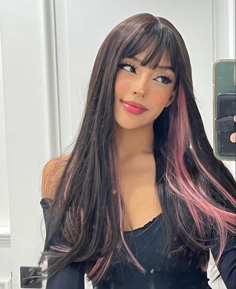 Brown To Pink Hair, Hair Color Ideas Dark, Brown To Pink Balayage, Pink Hair Streaks, Pink Balayage, Pink Hair Dye, Inspo Hair, Hair Color Underneath, Peekaboo Hair