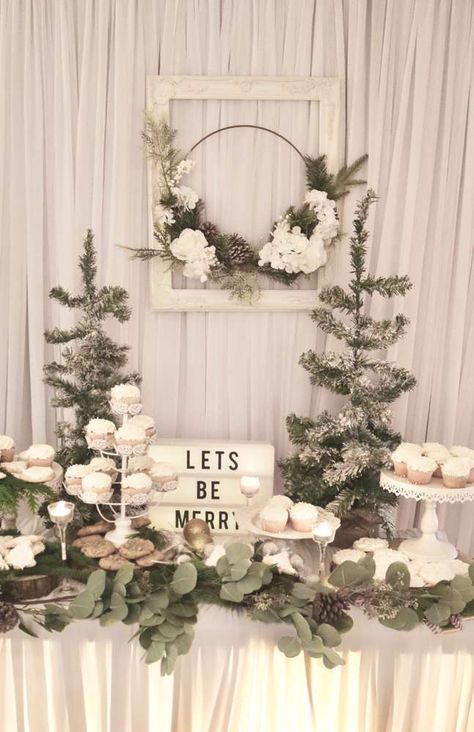 Christmas Party Christmas/Holiday Party Ideas | Photo 1 of 20 White Christmas Work Party, Silver And Gold Bridal Shower Ideas, All White Christmas Party Decorations, Bridal Shower Decorations Winter, White Christmas Bridal Shower Ideas, Winter Birthday Decoration Ideas, White Christmas Birthday Theme, Winter White Theme Party, Winter Forest Theme Party