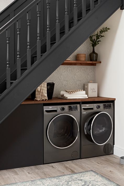 Hidden Laundry Rooms, Under Stairs Nook, Under Stairs Storage Solutions, Room Under Stairs, Space Under Stairs, Small Utility Room, Utility Room Designs, Stairs In Kitchen, Tiny Laundry Rooms